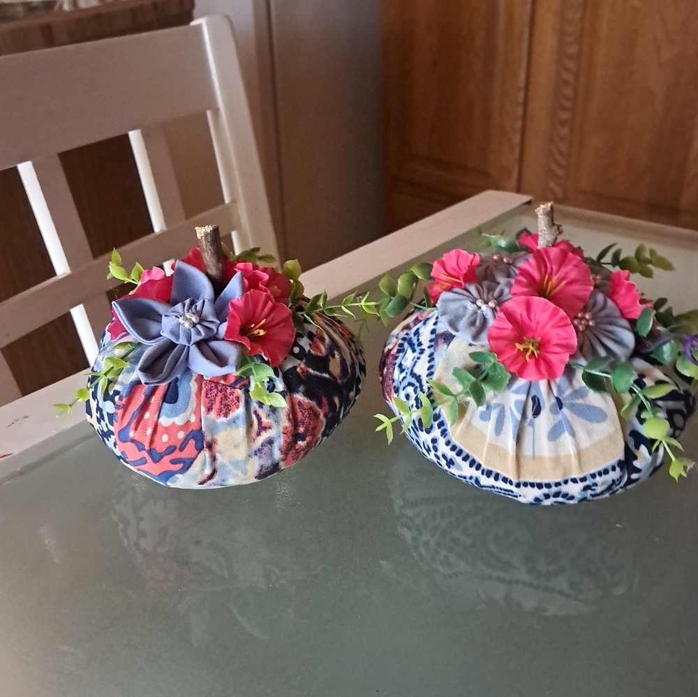 Floral Fabric Decor Pumpkins with Pink and Blue  Accents 12" Around 19" Around